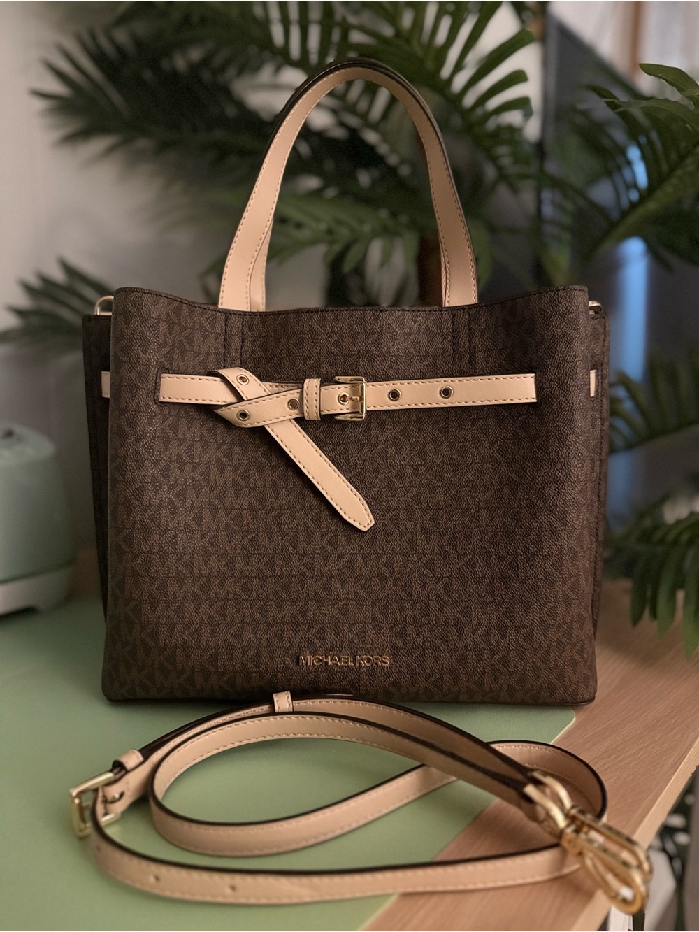 Michael Kors Brown Logo Satchel with Beige Trim